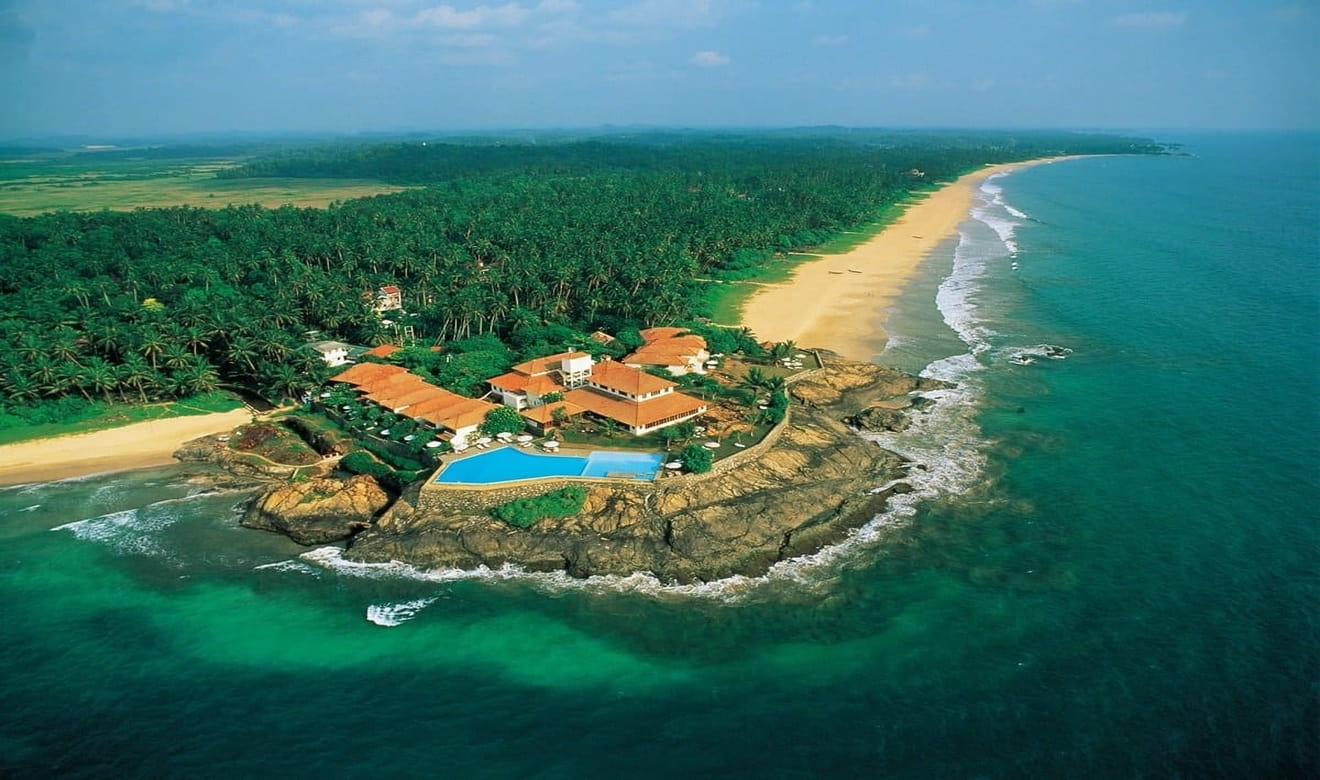 Palm trees and golden sand beach at Bentota, Sri Lanka