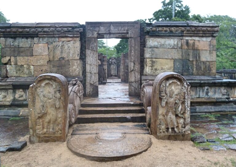 Stone carvings and entrance of the Hatadage at the ancient city of Polonnaruwa, Sri Lanka
