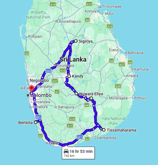 Map of the Sri Lanka Ayurveda 14-Day Tour route