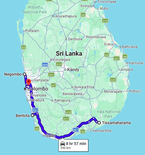 Map of the Sri Lanka Beach Escape with Yala Safari 4-Day Tour route