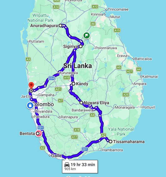 Map of the 14 Days (13 Nights) Tour in Sri Lanka route