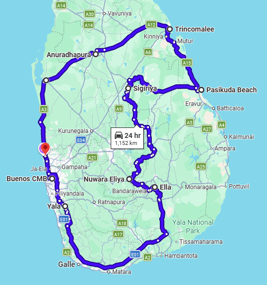Map of the Sri Lanka Classic & East Coast Escape 18-Day Tour route