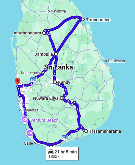 Map of the Sri Lanka East Coast Escape: Nature & Cultural Trails 14-Day Tour route