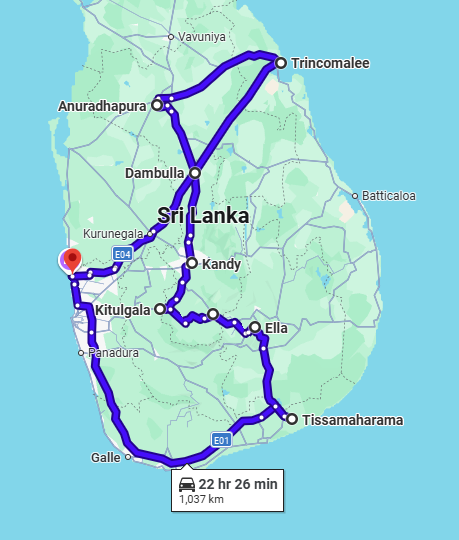 Map of the 14 Days Nature and Adventure Tour in Sri Lanka route