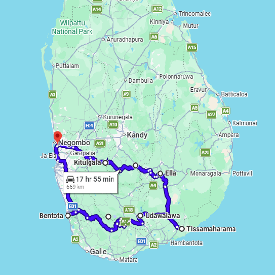 Map of the Sri Lanka Nature & Wildlife 9-Day Tour route