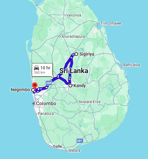 Map of the Sri Lanka Private Tour 4 Days route