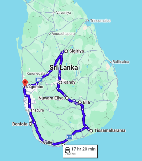 Map of the 7 Days Tour in Sri Lanka route